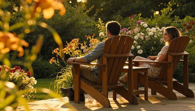 Couple relaxing in adirondack chairs on sunlit garden patio with blooming roses