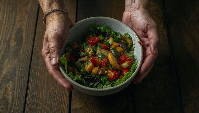 Senior Hands Holding Ceramic Bowl of Fresh Organic Salad