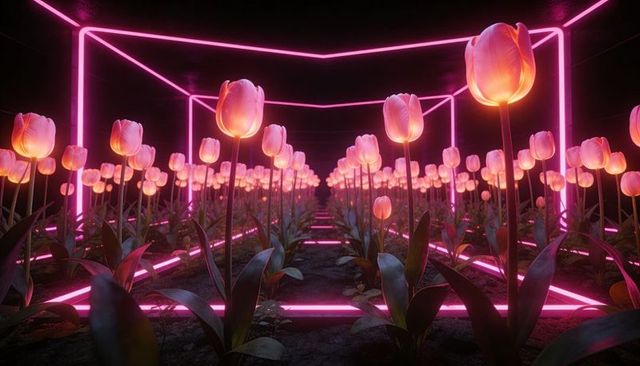 Neon tulip corridor with glowing pink-orange blooms and futuristic light frames