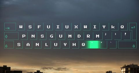 Digital Moving Light Pattern on Keyboard Over Cityscape