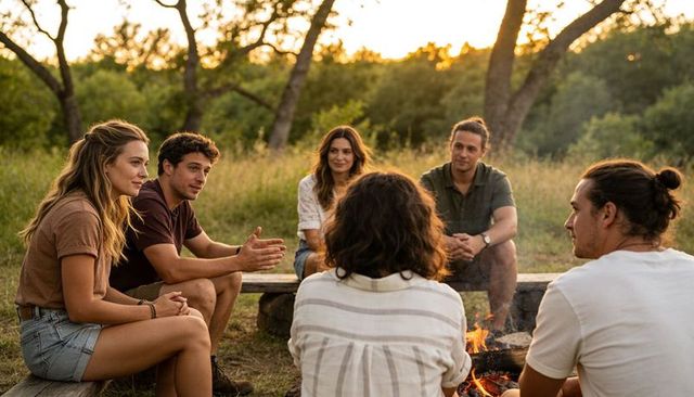 Young adults gathering around campfire at sunset sharing stories in meadow
