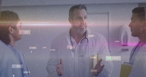 Physician briefing team with digital hud overlay in hospital consultation
