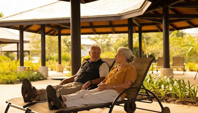 Reclining senior couple sharing conversation on resort loungers under wooden pavilion