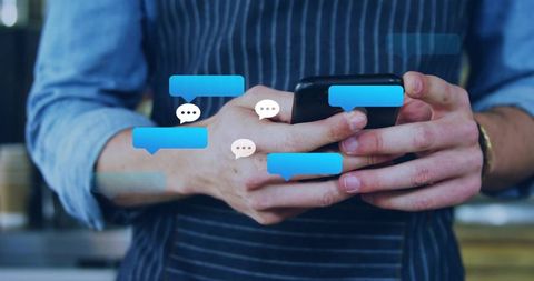 Barista hands texting on smartphone with floating chat bubbles and minimalist cafe counter