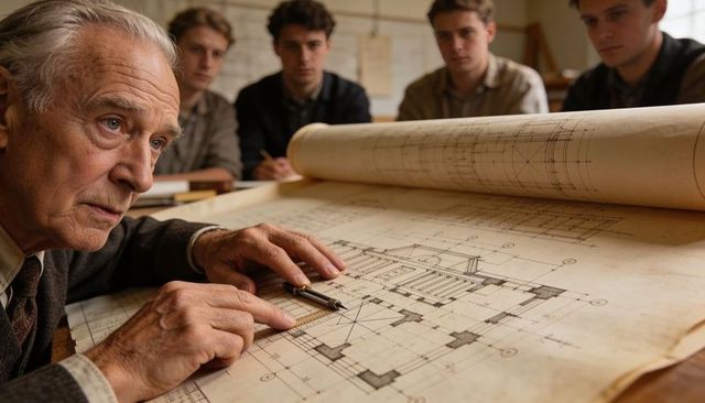 Senior architect mentor examining vintage blueprint while students taking notes