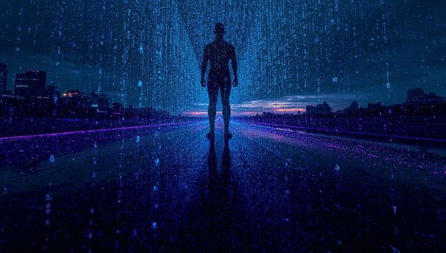 Male silhouette on wet highway at dusk with neon purple line, digital rain, city skyline