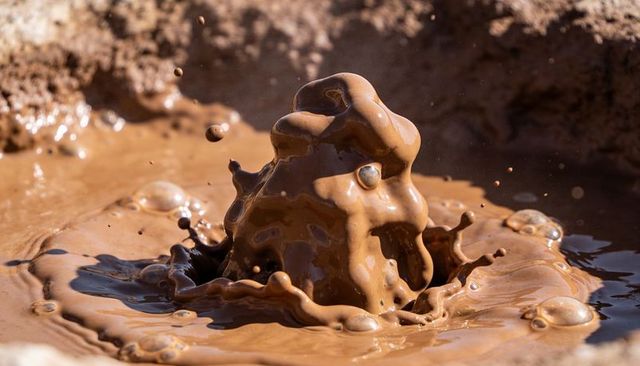 Glossy mud burst erupting from viscous clay pool with suspended droplets and crown splash