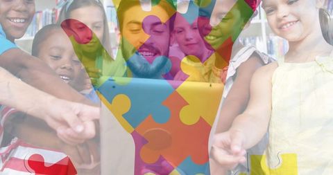 Diverse Students Collaborating with Puzzle Interface Overlay