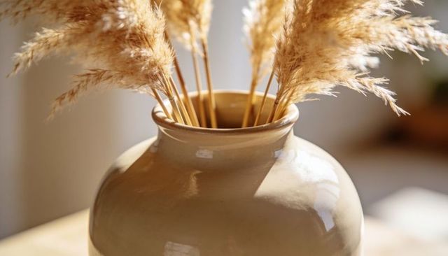 Glossy beige ceramic vase holding dried pampas grass in warm sunlight on wooden tabletop
