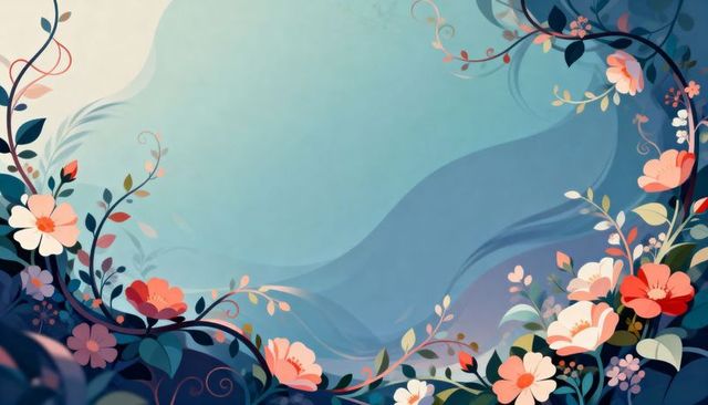 Ornate floral frame with watercolor gradient background, blooming vines and decorative swirls