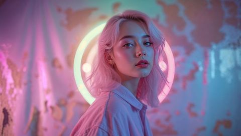 Asian model posing with glowing neon ring in vibrant studio