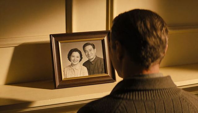 Man gazing at vintage framed portrait on mantel, warm nostalgic home interior