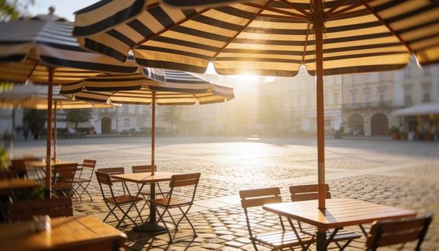 Striped umbrellas shading wooden tables on cobblestone historic plaza at golden hour
