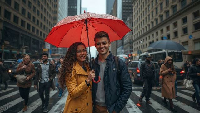 Smiling couple under red umbrella on rainy city crosswalk, yellow coat and navy jacket