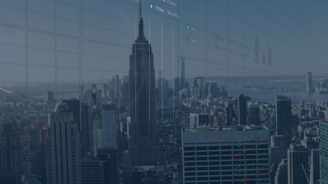 Video shows an animation blending stock market data and charts over a view of NYC skyscrapers including the Empire State Building. This juxtaposition of finance and urban landscape signifies economic activity and business intelligence. Suitable for use in financial services, investment portfolios, economic reports, business presentations, and technology-related publications.