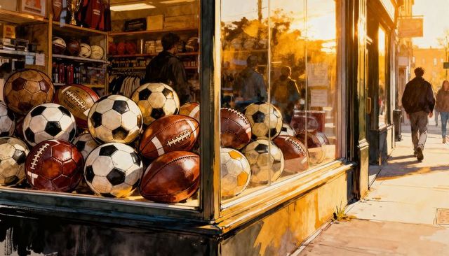 Golden hour sports storefront display with soccer balls and footballs reflecting street life