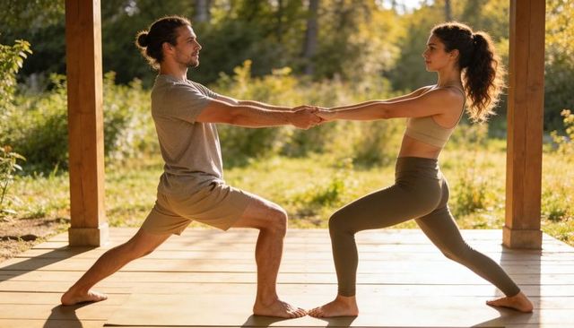 Couple practicing partner yoga mirrored lunge on sunlit wooden deck outdoors