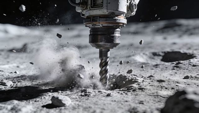 Robotic auger drilling lunar regolith, dust plume ejecting on cratered moon surface