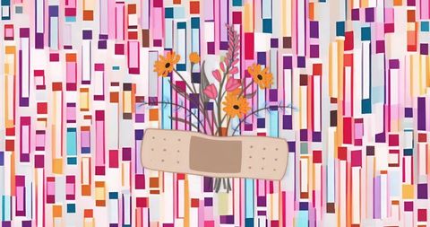 Healing Bouquet Wrapped in Bandage Conveying Resilience on Colorful Geometric Mosaic
