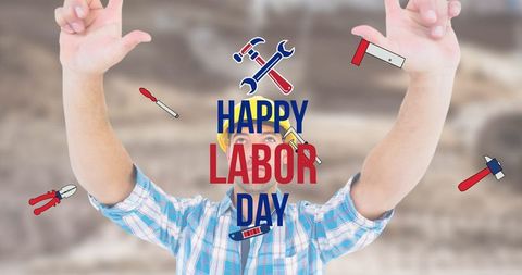Celebrating labor day with happy worker and tools graphics