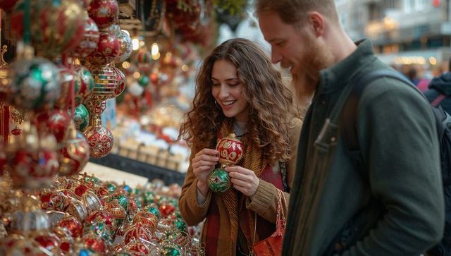 Couple browsing festive market holding ornate glass baubles under warm bokeh lights