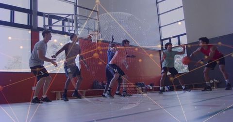 Young Athletes Playing Basketball with Digital Network Overlay