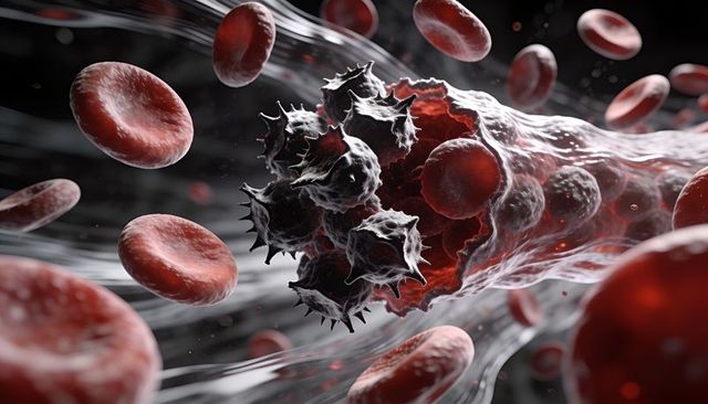 Activated platelet thrombus forming inside vessel lumen with red blood cells and fibrin mesh