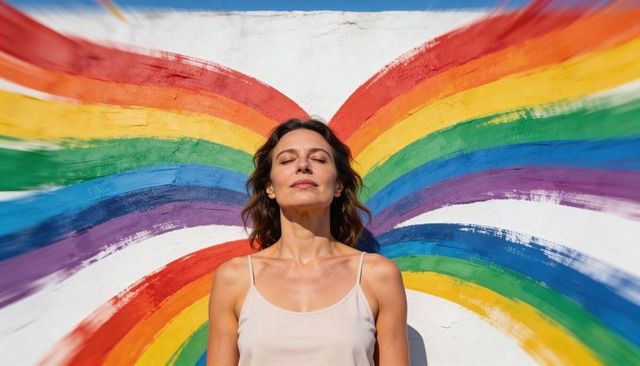 Woman basking in sunlight with rainbow wings mural for mindfulness, diversity, pride