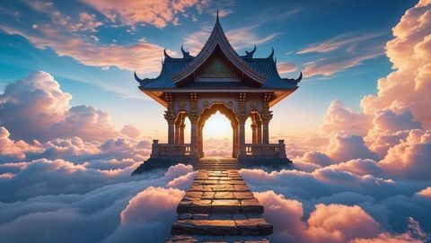 Ornate East Asian Pavilion Amongst Pastel Clouds at Sunset