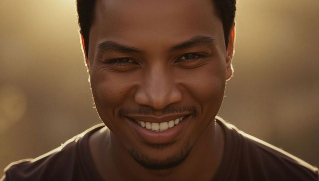 Smiling young man at golden hour close-up with mustache and goatee warm rimlight portrait