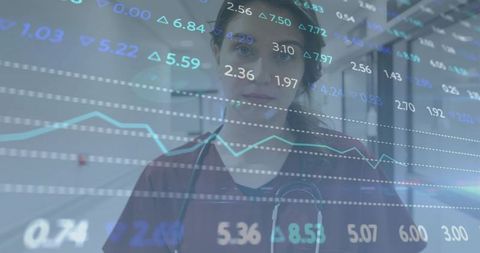 Clinician standing in hospital corridor with financial data overlay and analytics