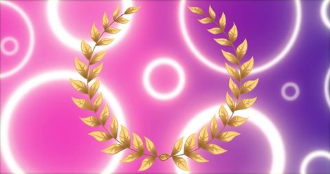Golden Laurel Wreath with Glowing Circles on Pink and Purple Background