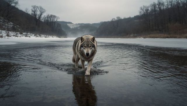 Gray wolf walking through icy river, wading toward camera in winter valley reflection