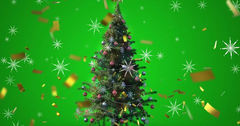 Festive Christmas Tree with Falling Confetti and Snowflakes