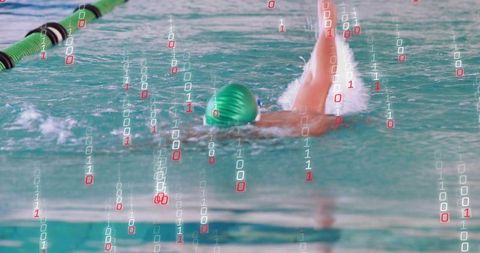Swimmer Performing Front Crawl with Binary Code Overlay