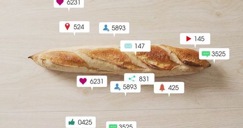 French baguette surrounded by social media icons