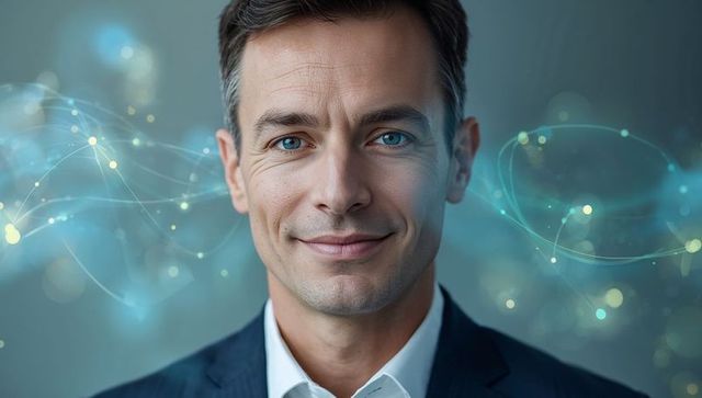 Confident businessman smiling with glowing network nodes overlay digital leadership concept
