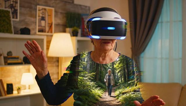 Senior woman immersing in virtual forest with vr headset, exploring nature from cozy living room