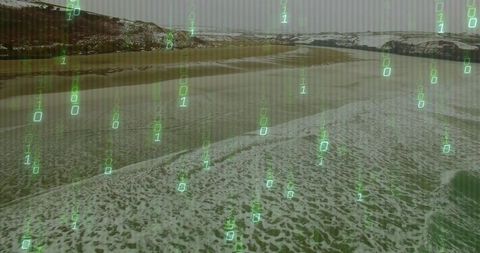 Digital Binary Code Overlay on Snowy Beach Seascape