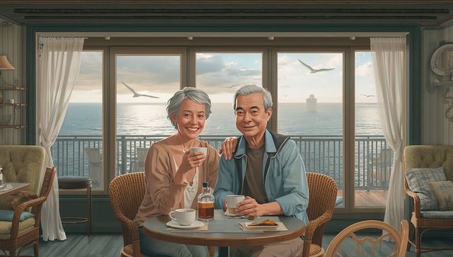 Senior Asian couple enjoying coffee and pastry in sunlit seaside balcony nook