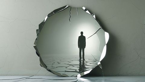 Silhouette standing in cracked mirror portal depicting introspection and mystery