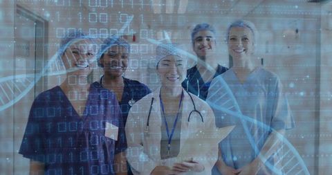 Multidisciplinary medical team in hospital hall with dna helix and digital data overlay