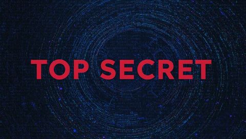 Top secret red text on futuristic blue code rings neon cybersecurity background