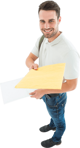Transparent Delivery Man Smiling with Envelope Handout - Download Free Stock Videos Pikwizard.com