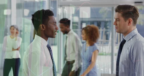 Diverse Businessmen Discussing Finance Trends with Animated Graphs