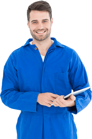 Young Male Mechanic in Blue Jumpsuit Holding Digital Tablet Transparent - Download Free Stock Videos Pikwizard.com