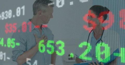 Patient experiencing chest pain during medical consultation with market ticker overlay