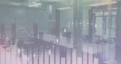 Financial data overlaying modern office interior showing candlestick charts and bar graphs