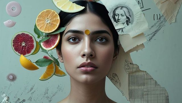 Surreal asian woman with floating citrus collage