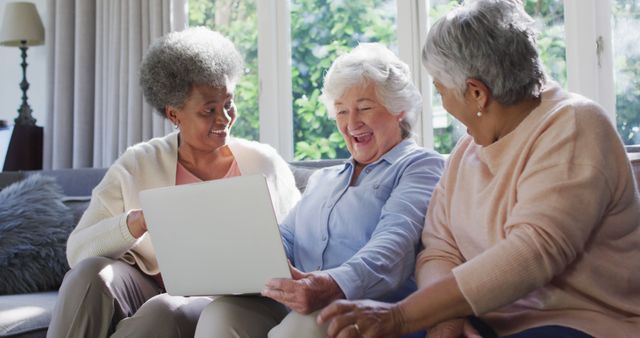 Three diverse senior women using laptop together sitting on the couch at at home. retirement senior lifestyle living concept